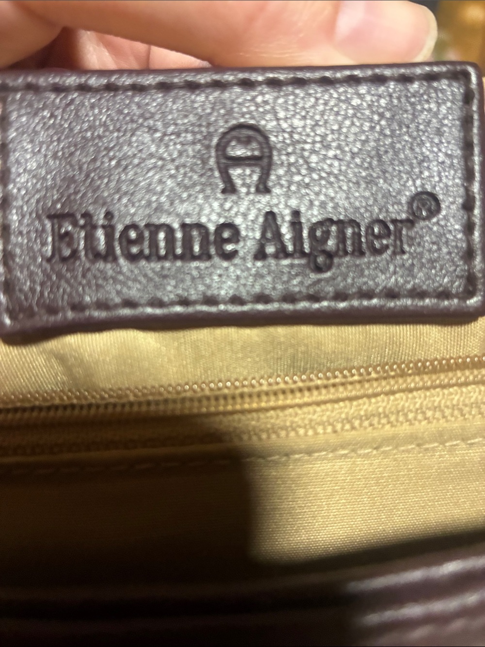 Etienne Aigner Straw tan purse with dark purple trim and strap handles.